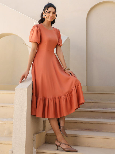 Rust Rayon Solid Tiered Dress