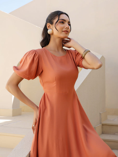 Rust Rayon Solid Tiered Dress