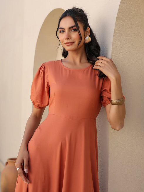 Rust Rayon Solid Tiered Dress