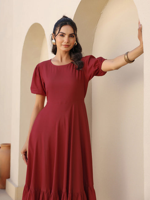 Maroon Rayon Solid Tiered Dress
