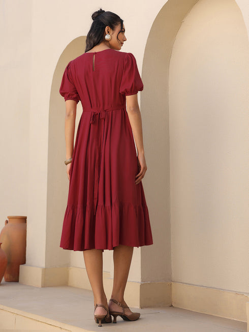 Maroon Rayon Solid Tiered Dress