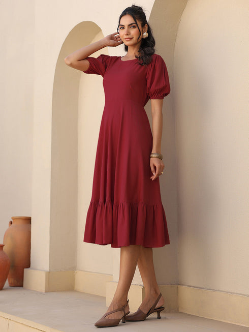 Maroon Rayon Solid Tiered Dress