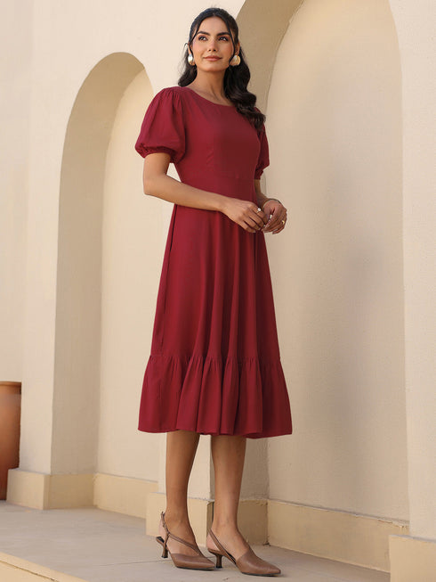 Maroon Rayon Solid Tiered Dress