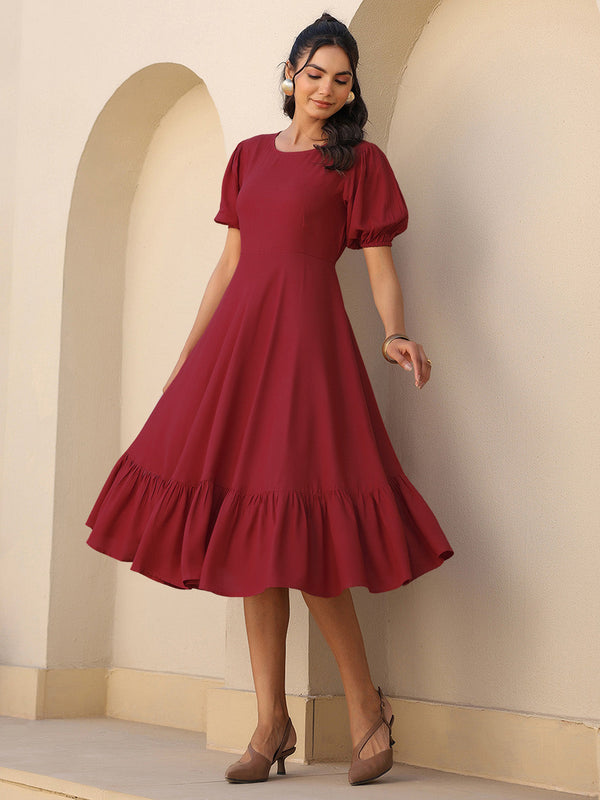 Maroon Rayon Solid Tiered Dress