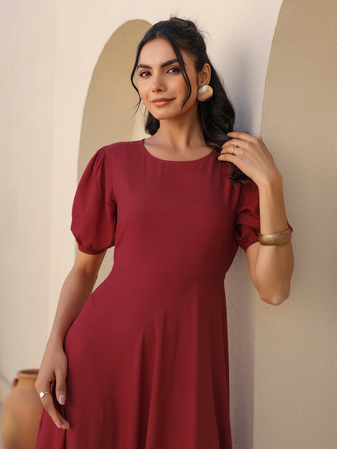 Maroon Rayon Solid Tiered Dress
