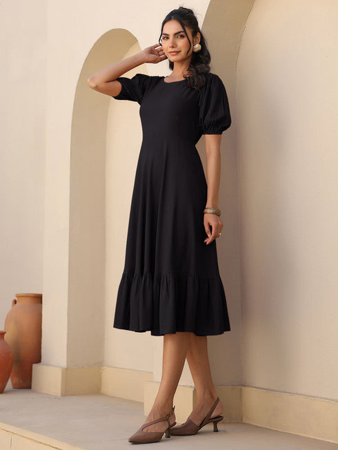 Black Rayon Solid A-line Dress