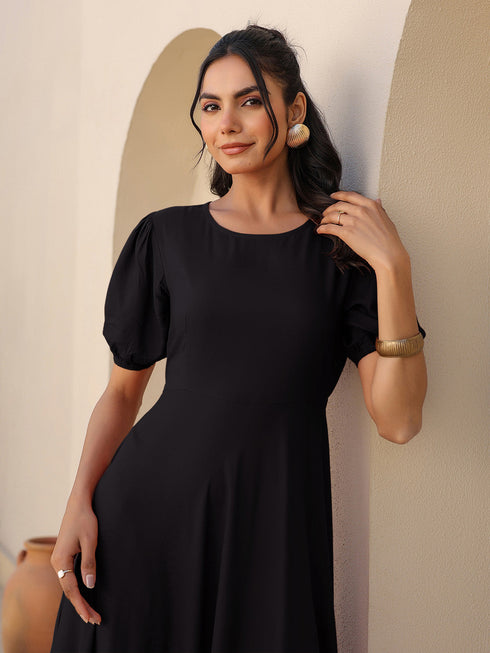 Black Rayon Solid A-line Dress