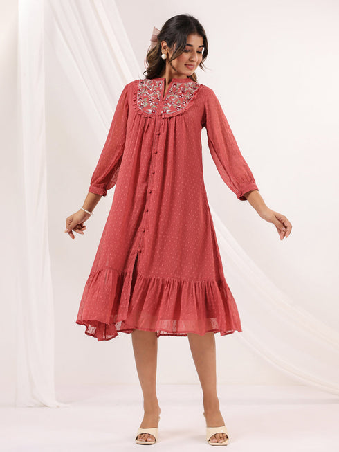 Janasya Women's Mauve Dobby Chiffon Embroidered A line Dress