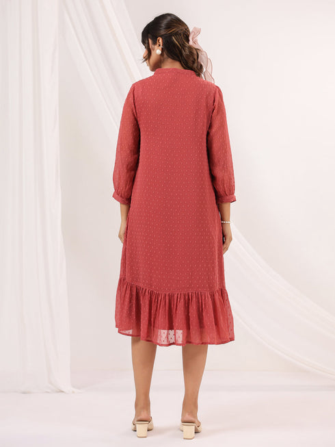 Janasya Women's Mauve Dobby Chiffon Embroidered A line Dress