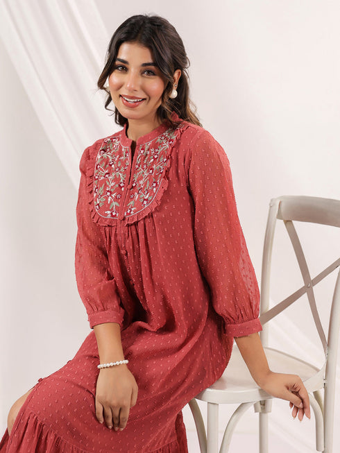 Janasya Women's Mauve Dobby Chiffon Embroidered A line Dress