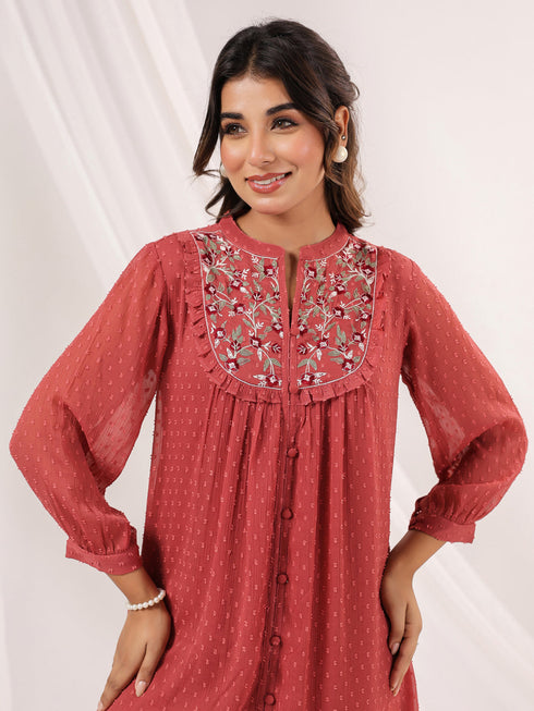 Janasya Women's Mauve Dobby Chiffon Embroidered A line Dress