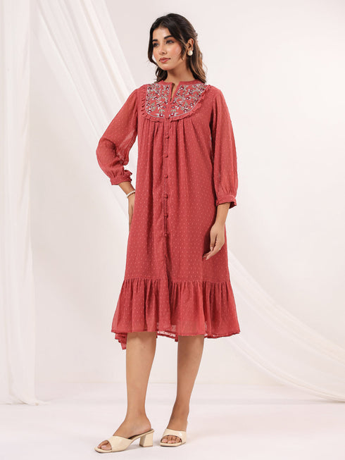Janasya Women's Mauve Dobby Chiffon Embroidered A line Dress