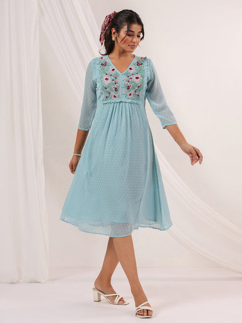 Janasya Women's Light Blue Dobby Chiffon Embroidered A-line Dress