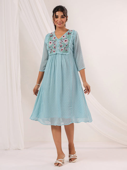 Janasya Women's Light Blue Dobby Chiffon Embroidered A-line Dress