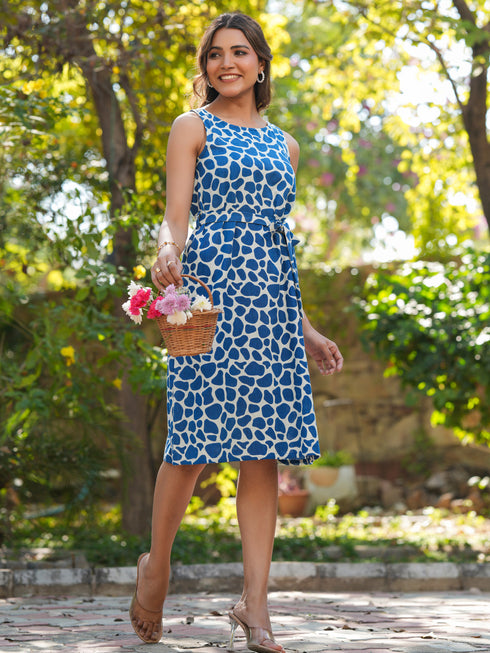 Blue Pure Cotton Abstract Printed A-line Dress