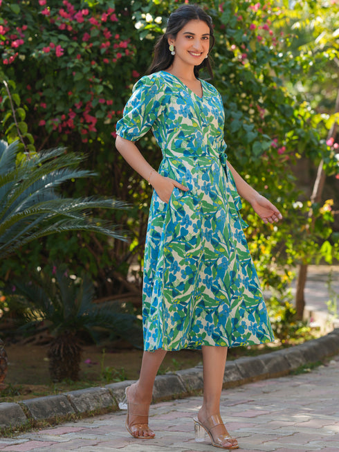 Multicolor Cotton Floral Printed Fit & Flare Dress