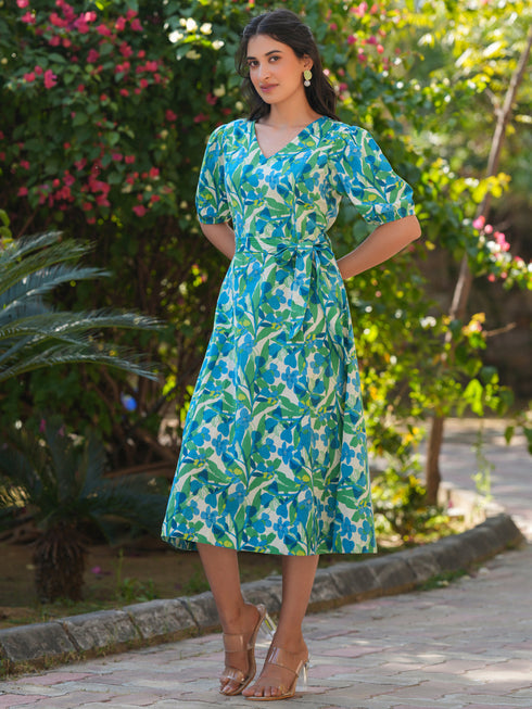 Multicolor Cotton Floral Printed Fit & Flare Dress