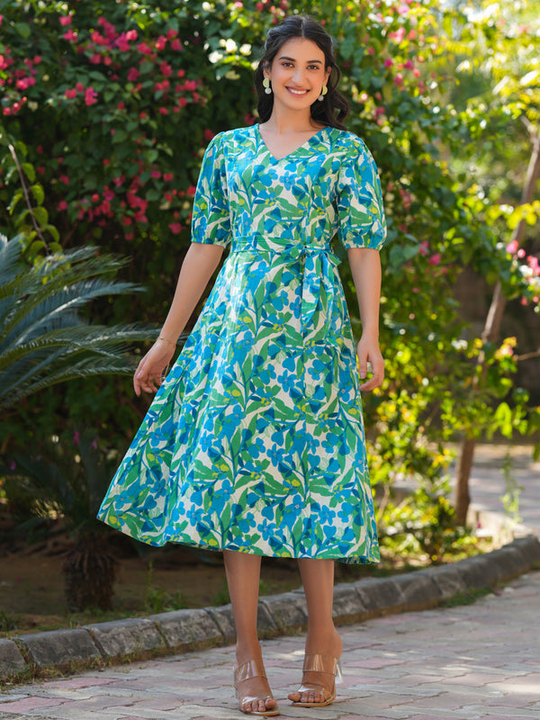 Multicolor Cotton Floral Printed Fit & Flare Dress