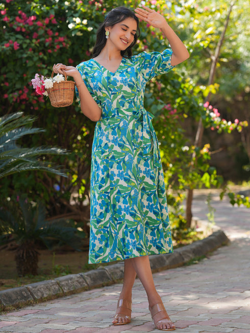 Multicolor Cotton Floral Printed Fit & Flare Dress