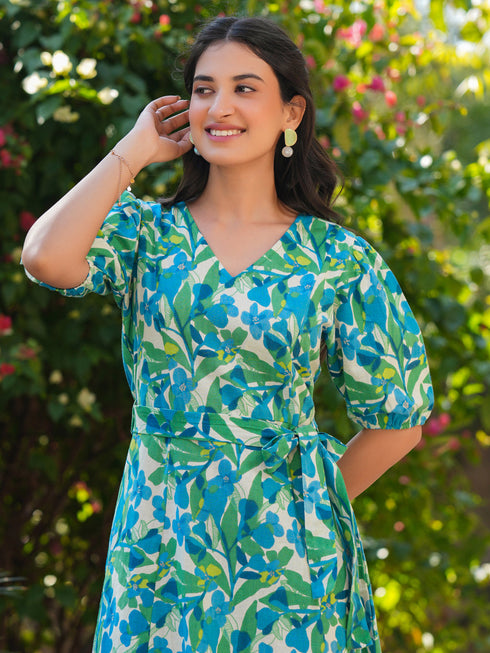 Multicolor Cotton Floral Printed Fit & Flare Dress
