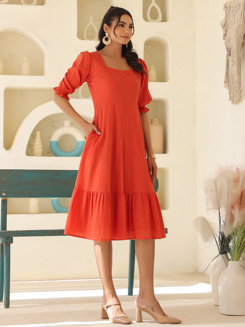 Rust Pure Cotton Solid A-line Dress