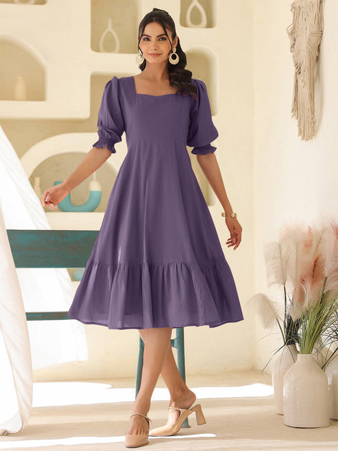 Purple Pure Cotton Solid A-line Dress
