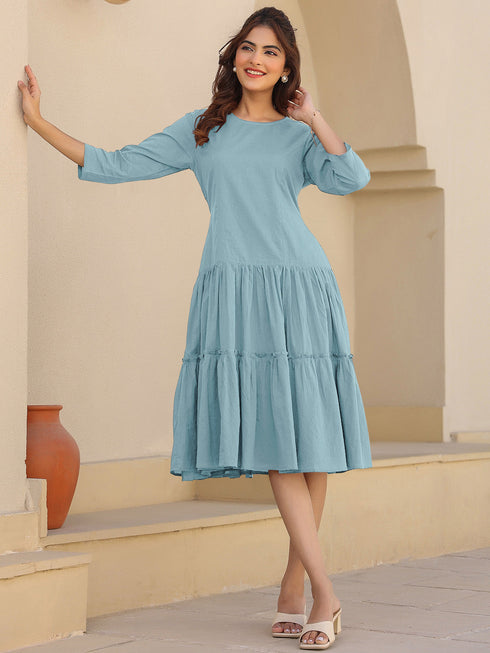 Light Blue Pure Cotton Solid Tiered Dress