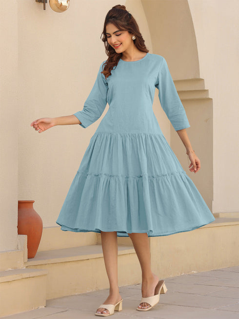 Light Blue Pure Cotton Solid Tiered Dress