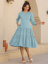 Light Blue Pure Cotton Solid Tiered Dress