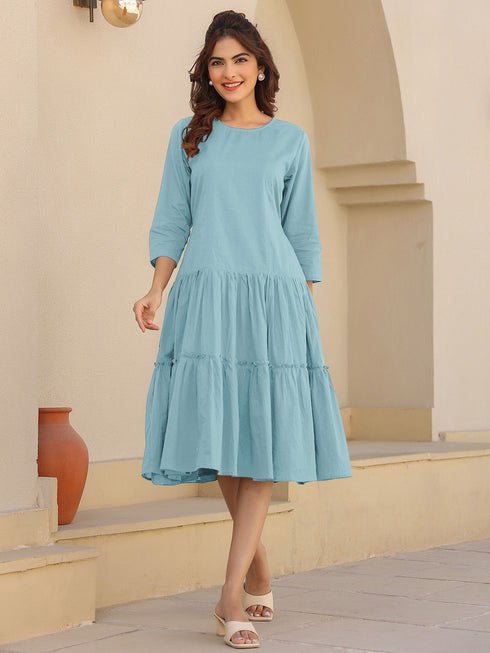 Light Blue Pure Cotton Solid Tiered Dress