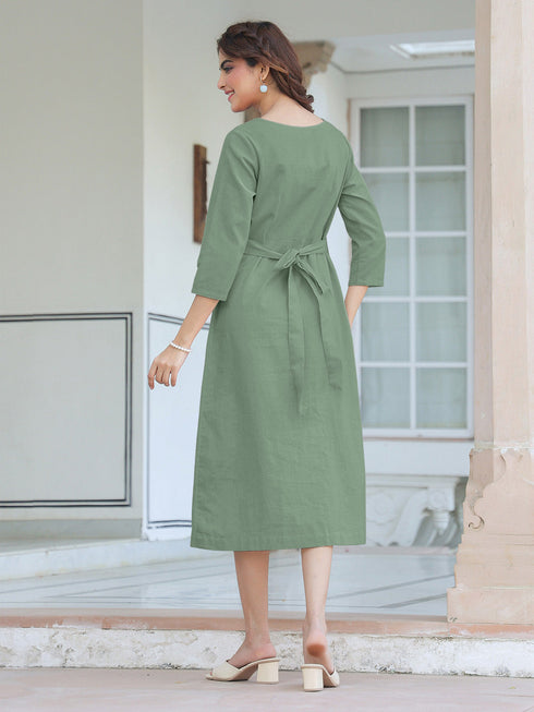 Green Cotton Solid Straight Dress