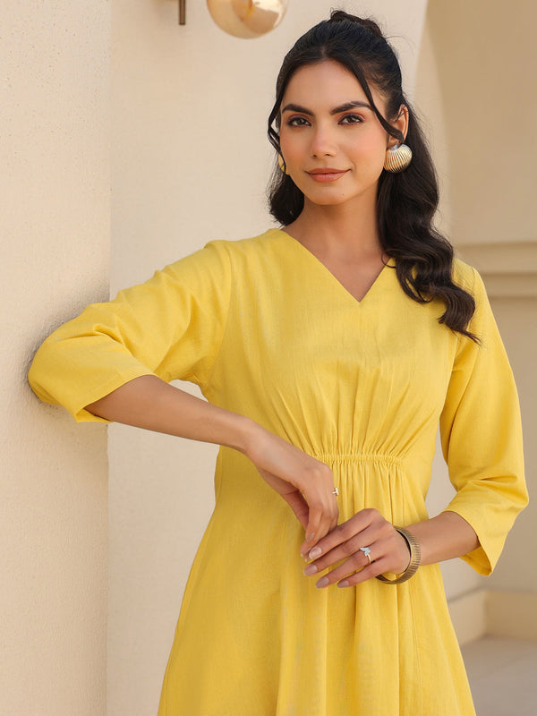 Yellow Cotton Solid A-line Dress