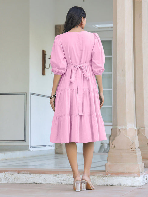 Light Pink Pure Cotton Solid Tiered Dress