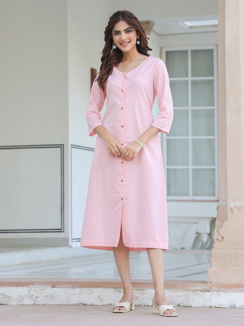 Pink Cotton Solid A-line Dress
