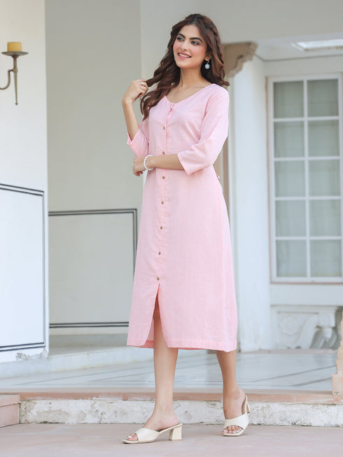 Pink Cotton Solid A-line Dress