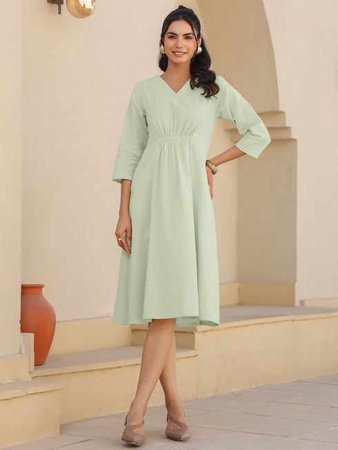 Mint Green Cotton Solid A-line Dress