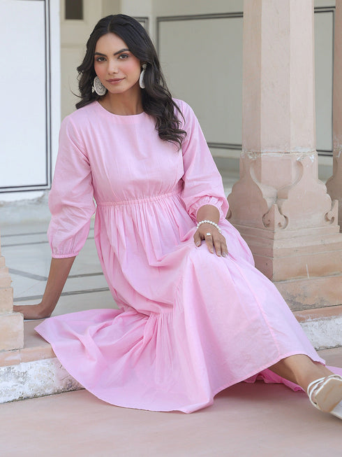 Light Pink Pure Cotton Solid Tiered Dress