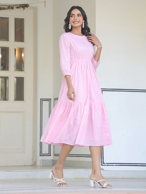 Light Pink Pure Cotton Solid Tiered Dress