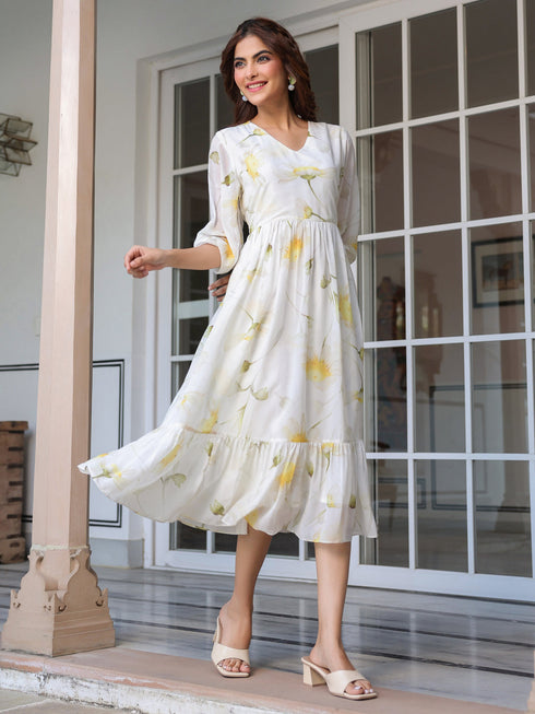 White Georgette Floral Printed Tiered Dress