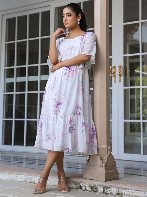White Georgette Floral Printed Fit & Flare Dress