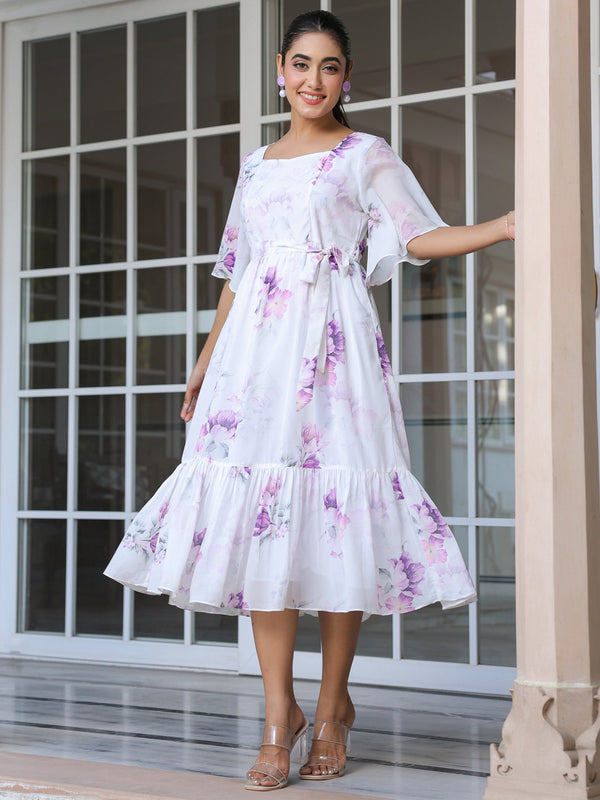 White Georgette Floral Printed Fit & Flare Dress