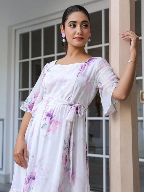 White Georgette Floral Printed Fit & Flare Dress