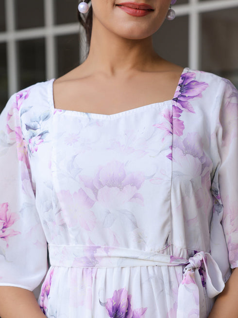 White Georgette Floral Printed Fit & Flare Dress