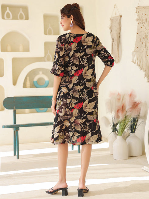 Black Rayon Floral Printed A-line Dress