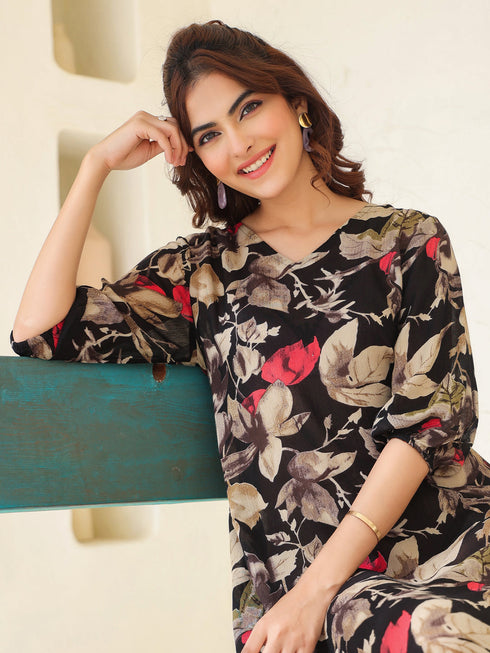 Black Rayon Floral Printed A-line Dress