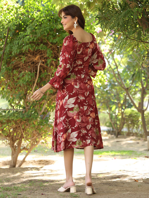 Maroon Rayon Floral Printed A-line Dress
