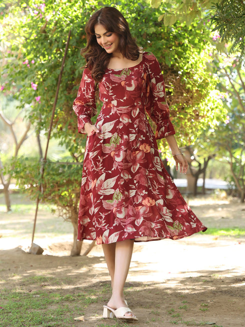 Maroon Rayon Floral Printed A-line Dress