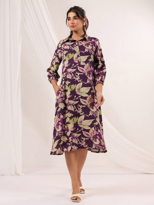 Janasya Women's Purple Rayon Floral Printed A line Dress