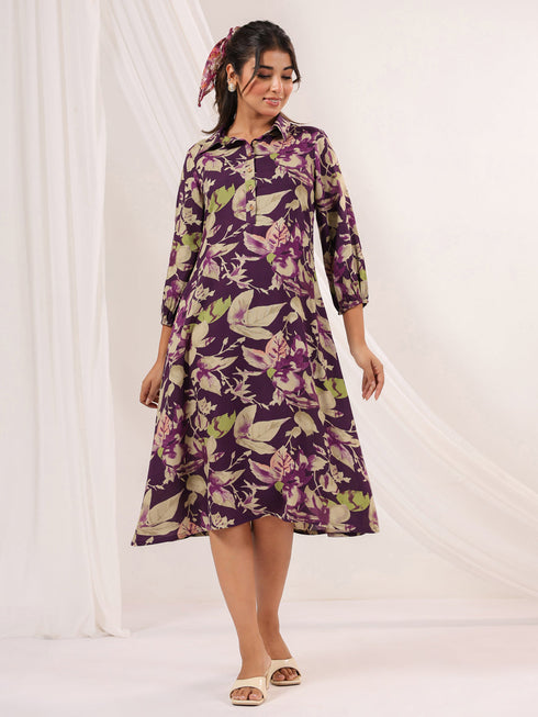 Janasya Women's Purple Rayon Floral Printed A line Dress