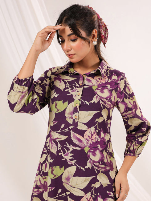 Janasya Women's Purple Rayon Floral Printed A line Dress